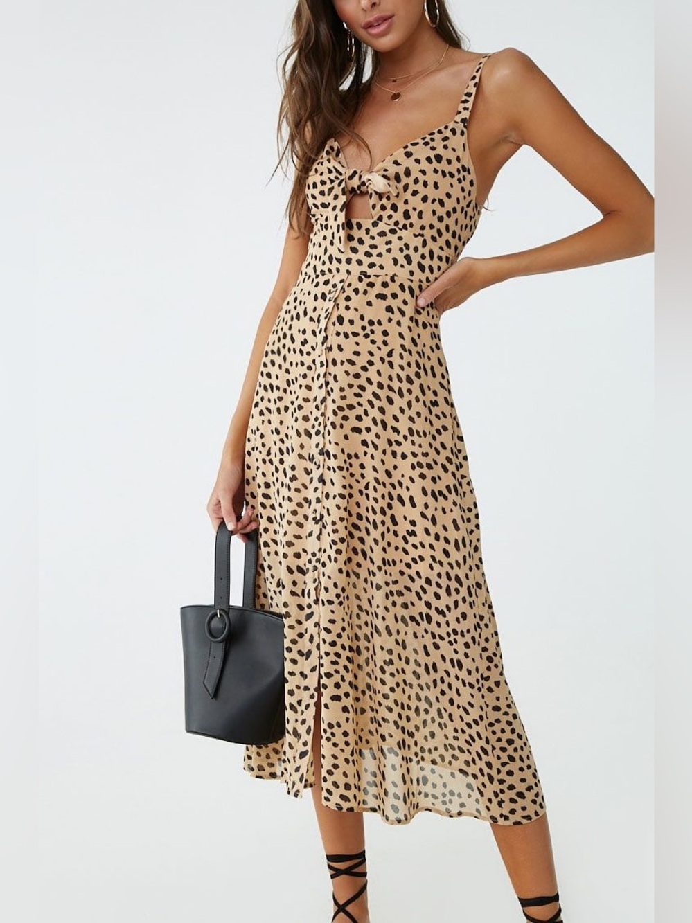 Leopard Print Tie Front Midi Dress Flowy Summer Dress